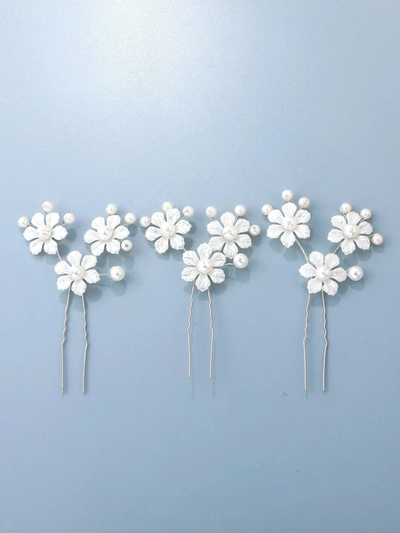 White Pearl Flower 3 PC Hairpin Set for Bride, Wedding Prom Wire Floral Hair Pins, Bridesmaid White Hairpins