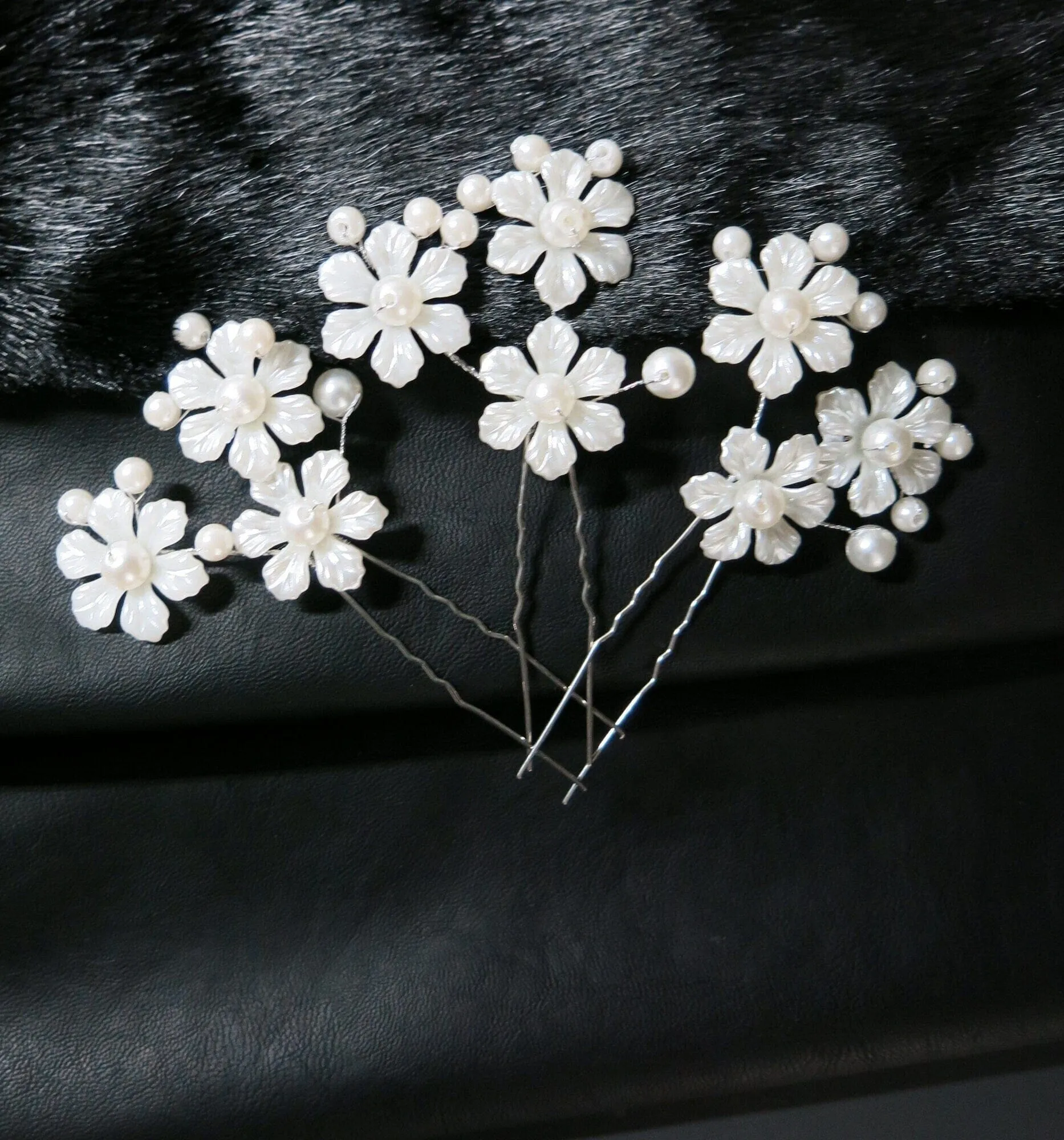 White Pearl Flower 3 PC Hairpin Set for Bride, Wedding Prom Wire Floral Hair Pins, Bridesmaid White Hairpins