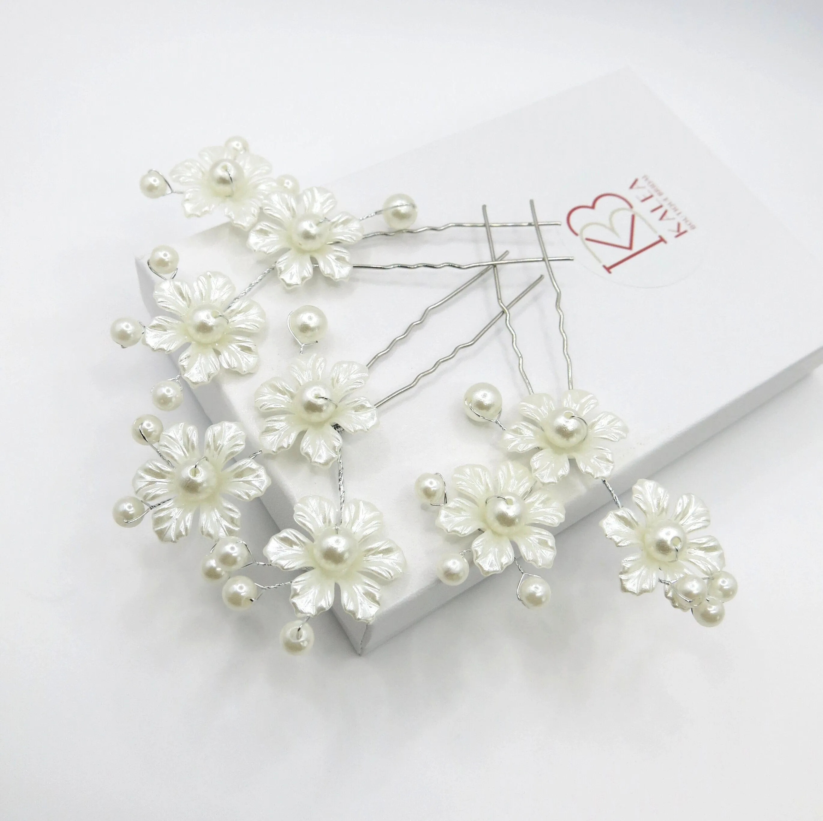 White Pearl Flower 3 PC Hairpin Set for Bride, Wedding Prom Wire Floral Hair Pins, Bridesmaid White Hairpins