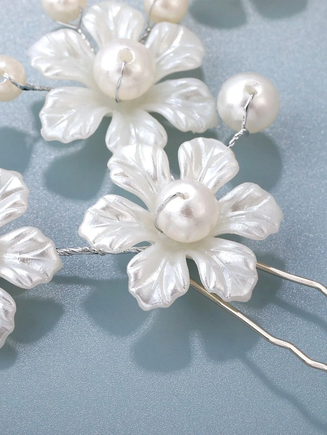 White Pearl Flower 3 PC Hairpin Set for Bride, Wedding Prom Wire Floral Hair Pins, Bridesmaid White Hairpins