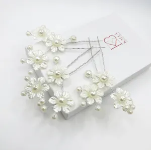 White Pearl Flower 3 PC Hairpin Set for Bride, Wedding Prom Wire Floral Hair Pins, Bridesmaid White Hairpins