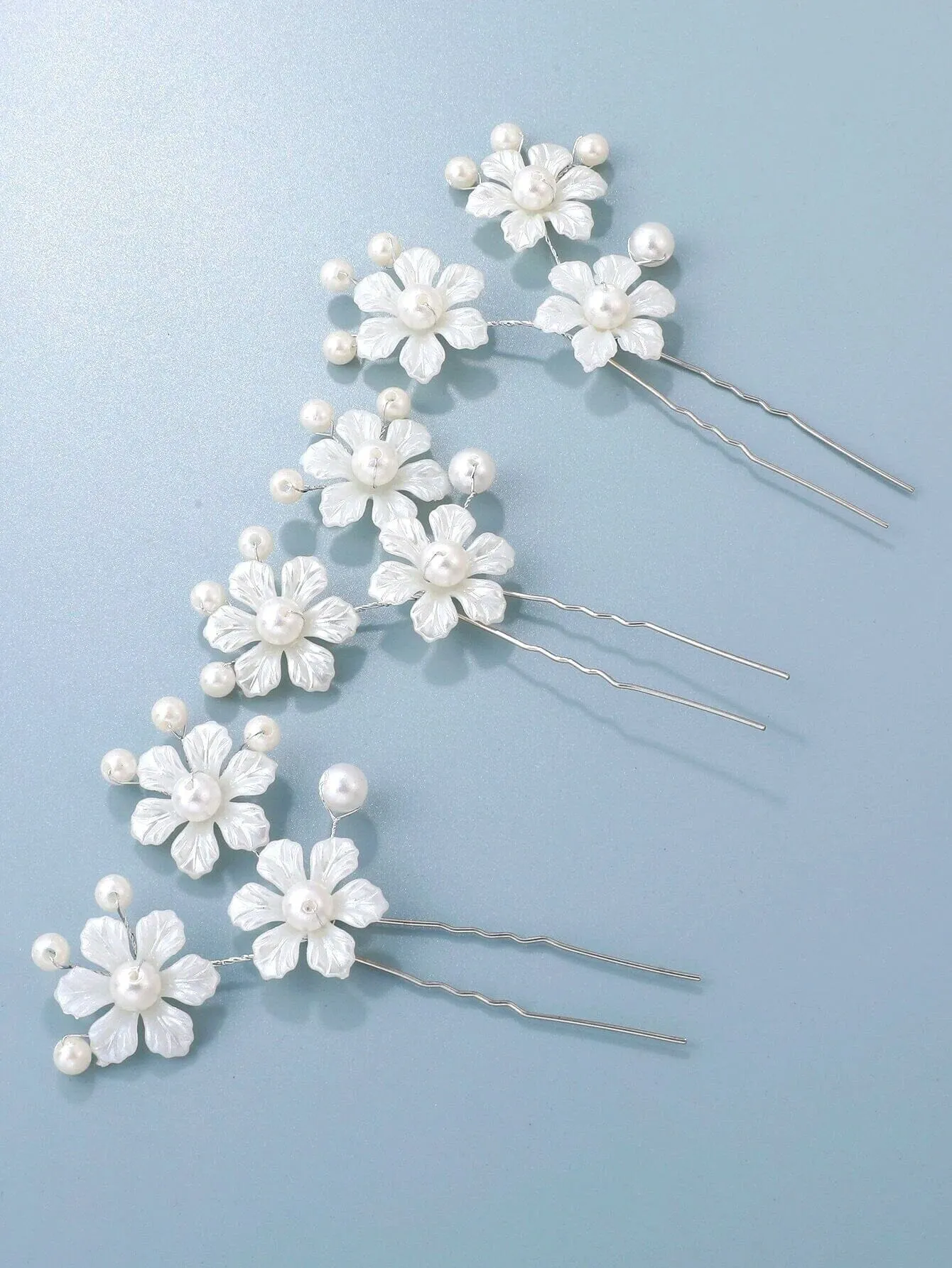 White Pearl Flower 3 PC Hairpin Set for Bride, Wedding Prom Wire Floral Hair Pins, Bridesmaid White Hairpins