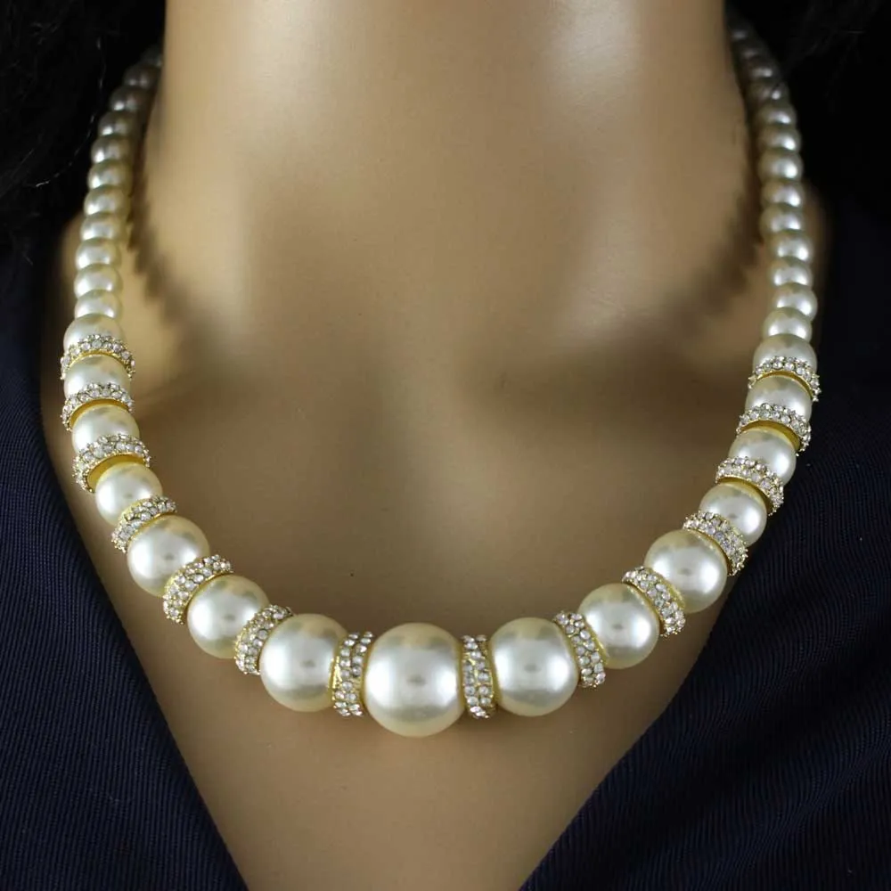 White Pearls with Gold and Crystal Rondelles Necklace - PNS402