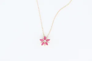 Yellow Gold Ruby Flower Pendant with Chain
