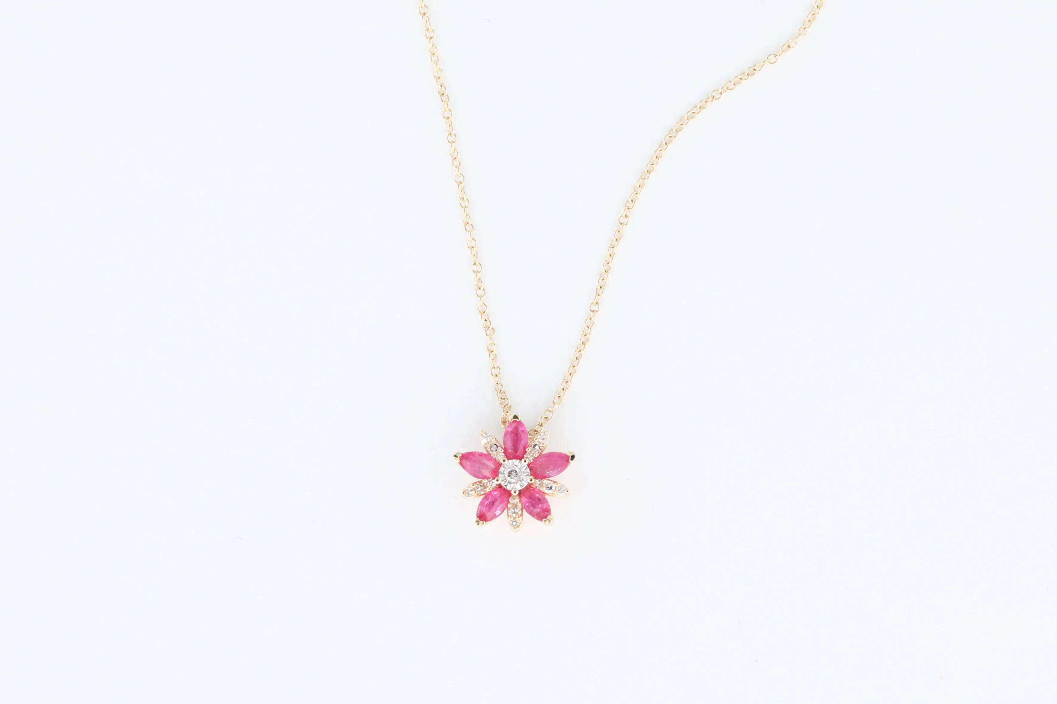 Yellow Gold Ruby Flower Pendant with Chain